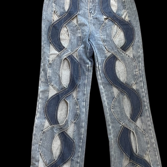 Unique Patchwork Cut-Out Wide Leg Jeans – Size XL – Statement Denim - Picture 3 of 3